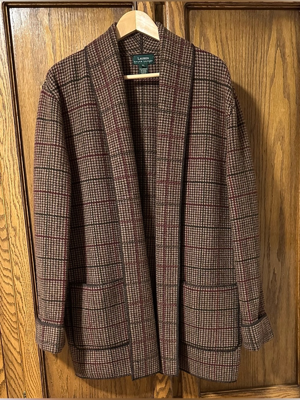 Vintage Lauren Ralph Lauren Lambswool Houndstooth Shawl-Collar Jacket Brown XL
